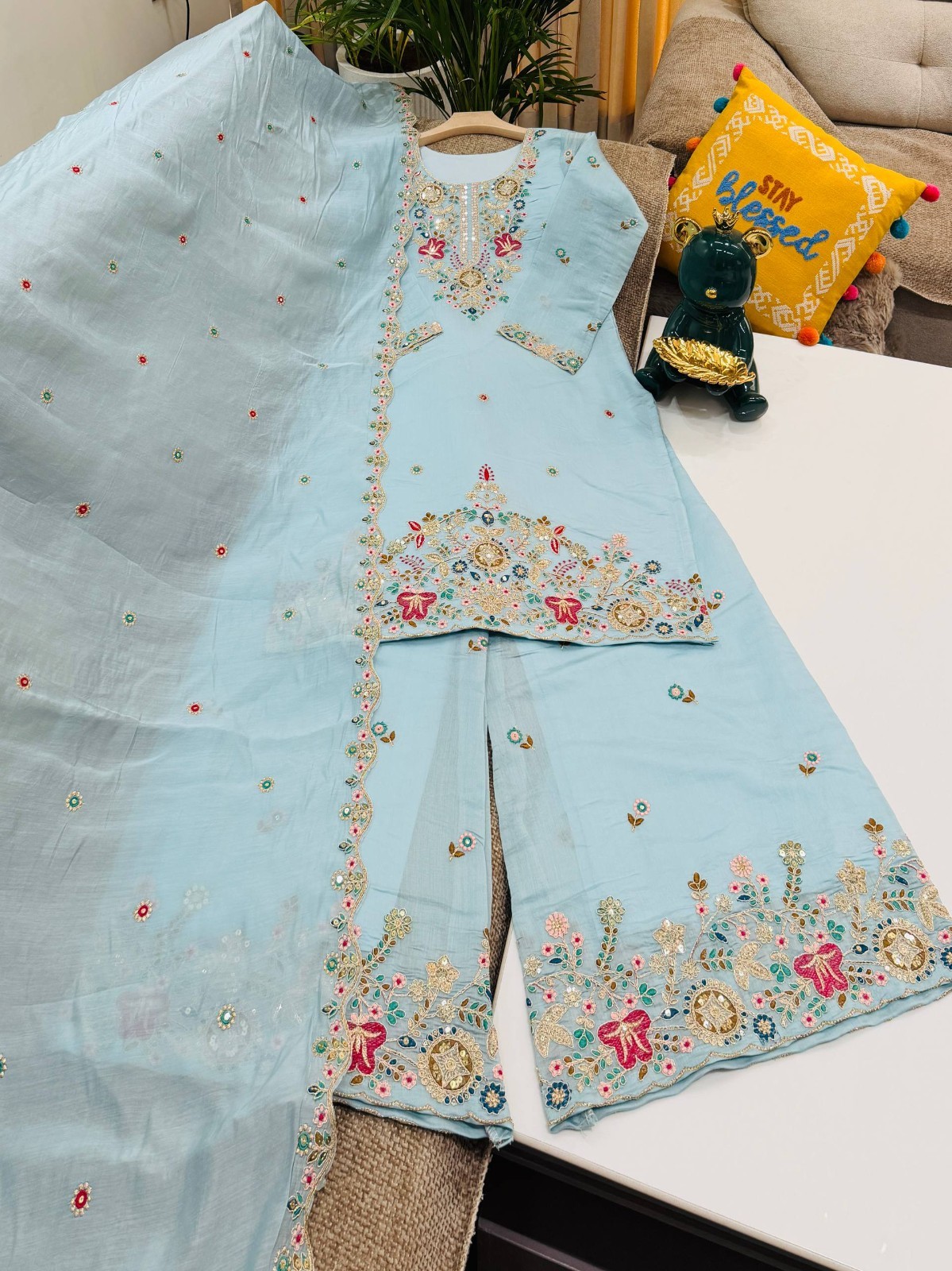 Latest Mal Chanderi Sky Blue Top Palazzo With Dupatta For Reception Wear