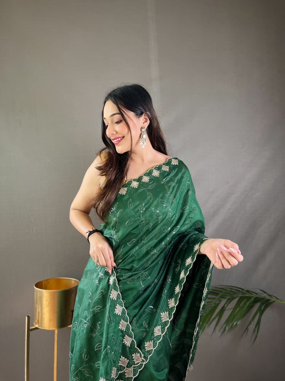 Women’s Pure Ruhi Silk Saree Jal Sequin Work Cutwork Border Party Wear Blouse