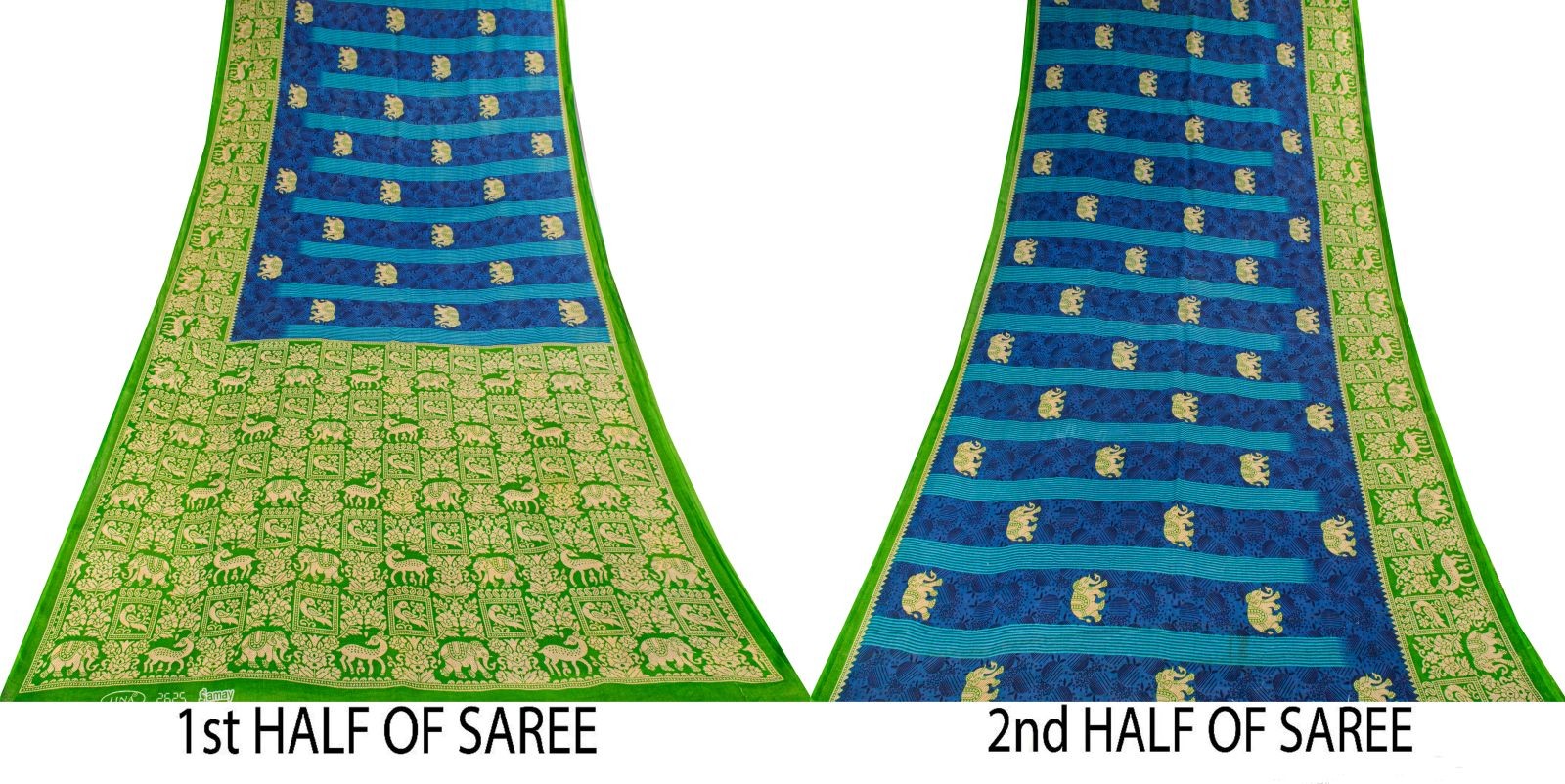 Sanskriti Vintage Saree Blue-Green Pure Cotton Animal Printed Craft Fabric Sari