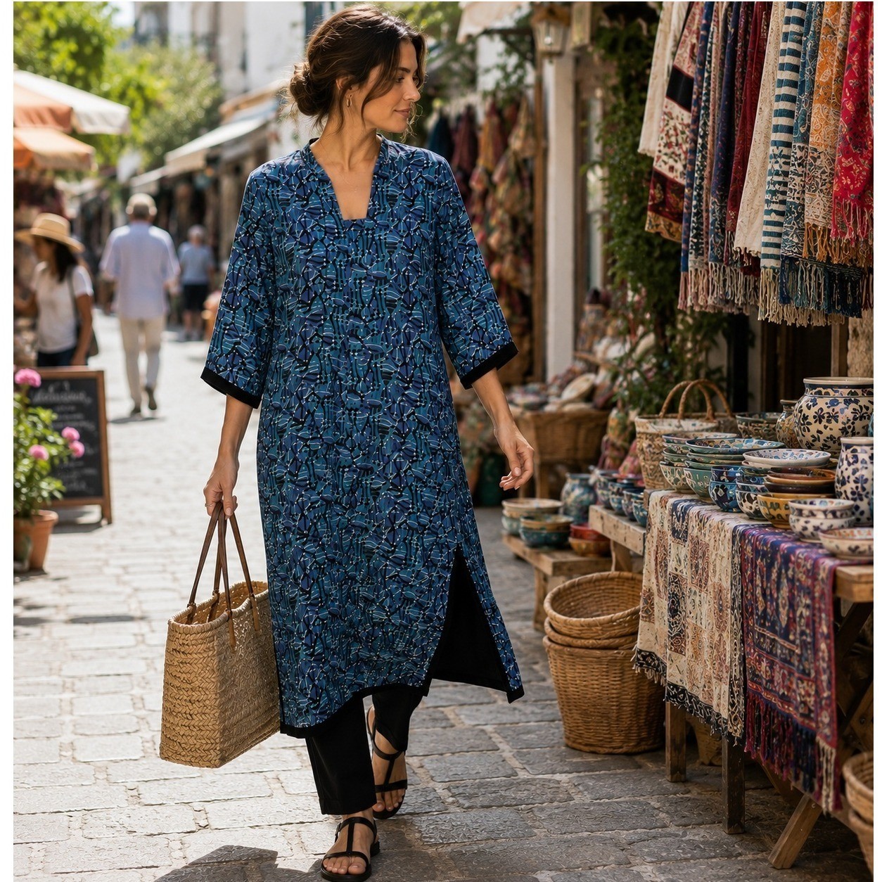 Vintage Y2K Silk Kaftan Tunic Women’s L Teal Abstract Print Velvet Trim Lined