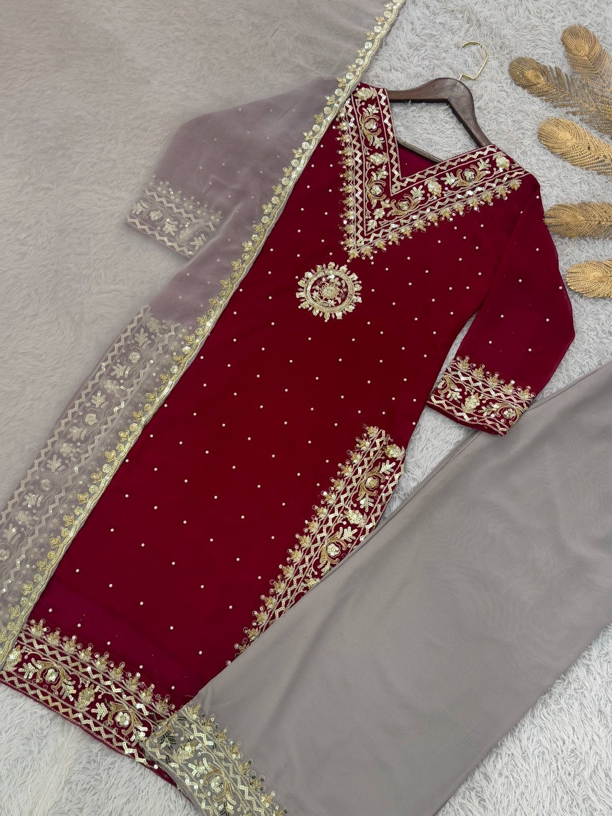 New Presenting Heavy Georgette Maroon Top Palazzo With Dupatta For Women Wear