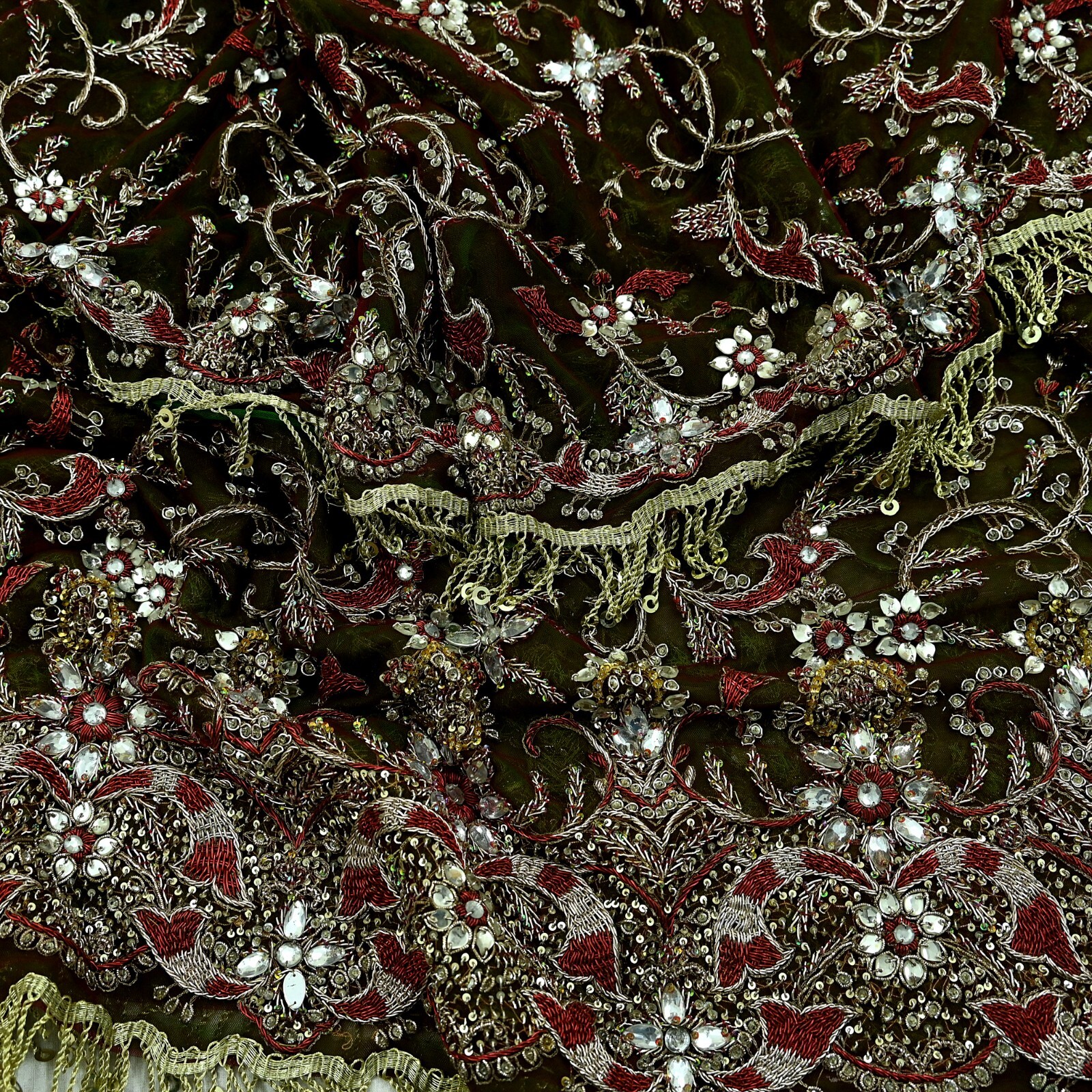 Vintage Heavy Green & Maroon Dupatta Net Mesh Long Stole Hand Embroidered Veil