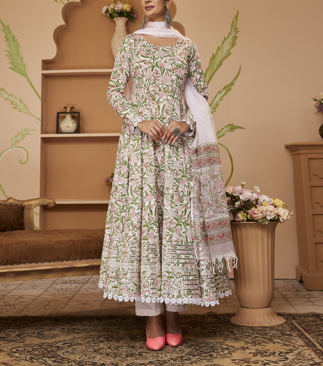 Handblock Printed Green Cotton Anarkali Kurta Set with Trousers & Dupatta Plus S