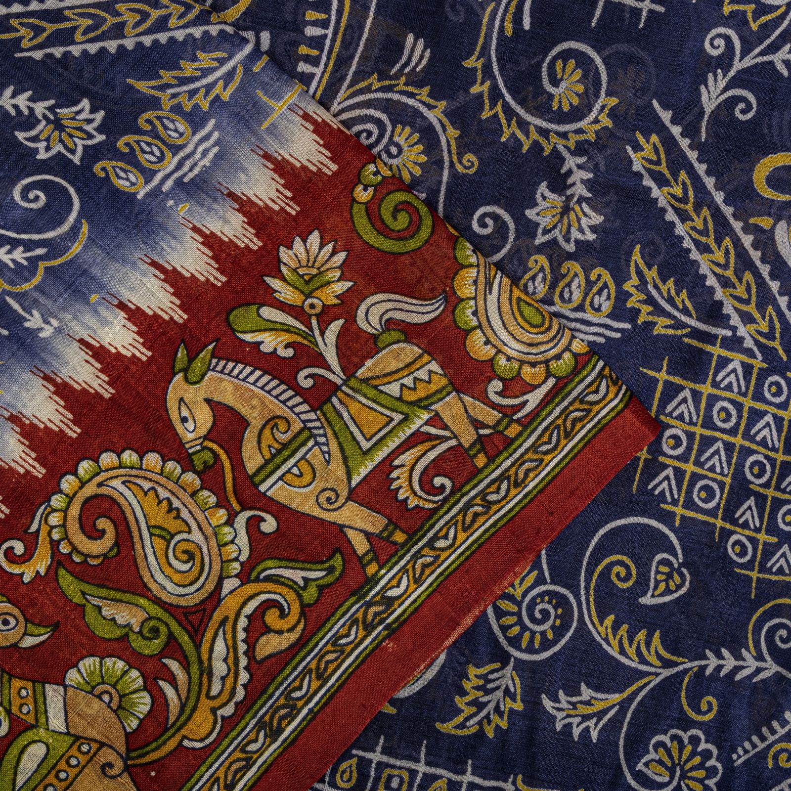 Sanskriti Vintage Blue Pure Silk Saree Kalamkari Print Sari 5.5Yard Fabric Craft