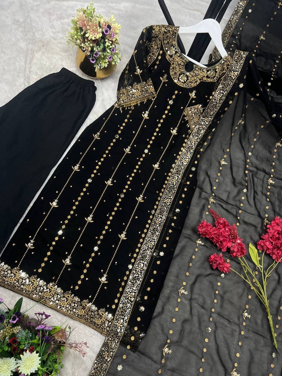 Latest Presenting Faux Georgette Black Salwar Kameez With Dupatta For Festival