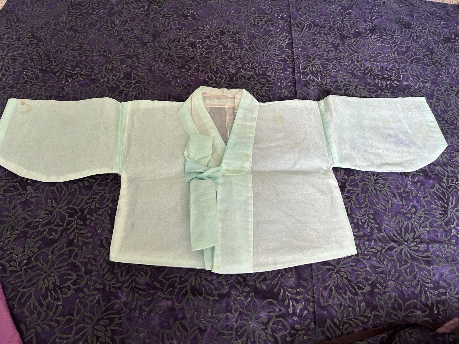 Vintage 3-piece Birthday Hanbok Blue Shirt, Purple Vest And Black Hat
