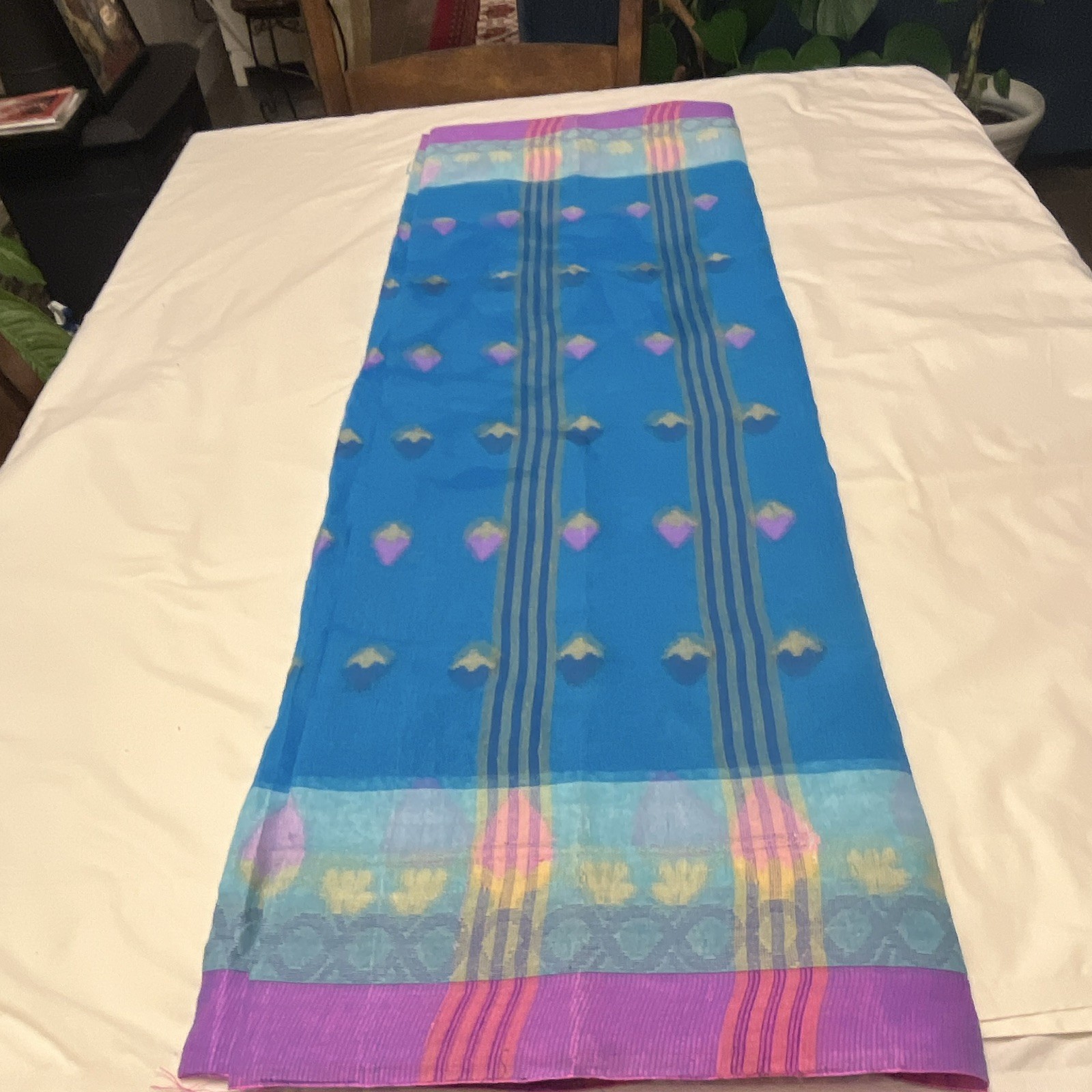 Women Traditional Sari/Saree Blue Purple Pink Border Green Woven Unstitched