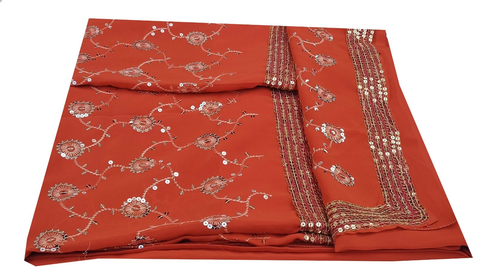 Vintage Rust Saree Georgette Sequins Embroidered Used Craft Sari Fabric 1903