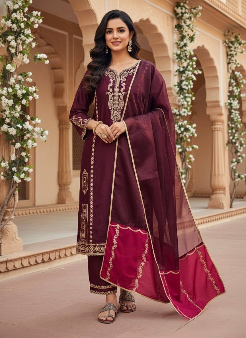 Latest Designer Silk Kurta Palazzo With Dupatta For Wedding & Party Wear