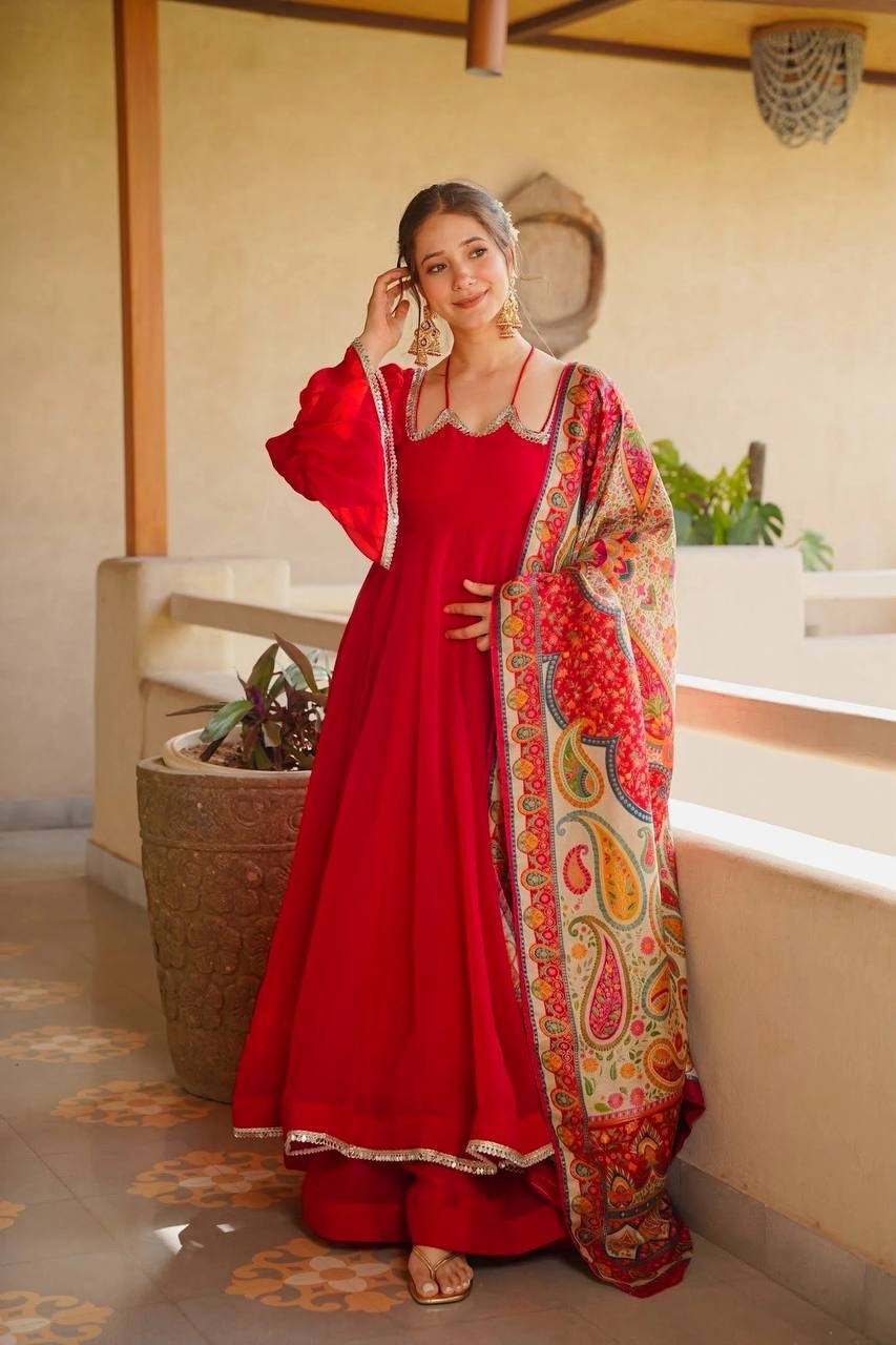 New Launching Tabby Silk Red Gown Palazzo With Dupatta For Reception Wear