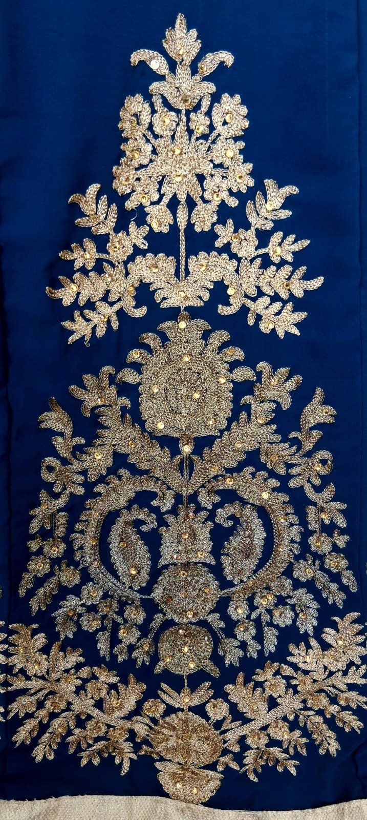Indian Anarkali Gown Dress S Royal Blue Gold Embroidered Long Sleeve Maxi Party