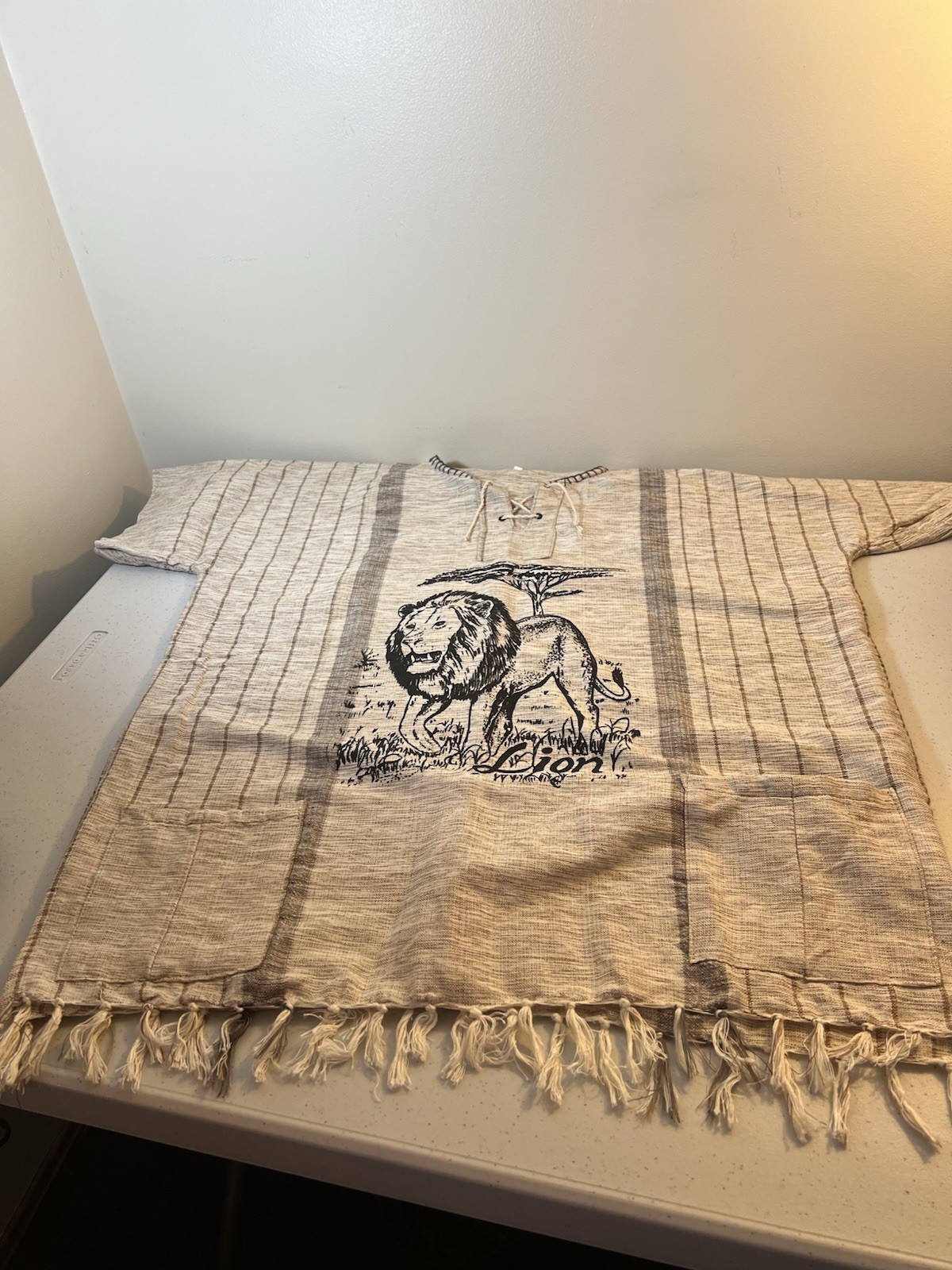 Africa Woven Lion Shirt Size XXL With 2 Pockets & Fringe Handmade In Africa