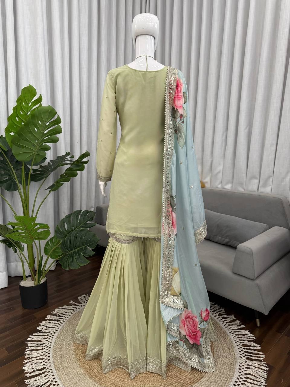 New Faux Georgette Sage Green Top Palazzo With Dupatta For Ethnic Wear