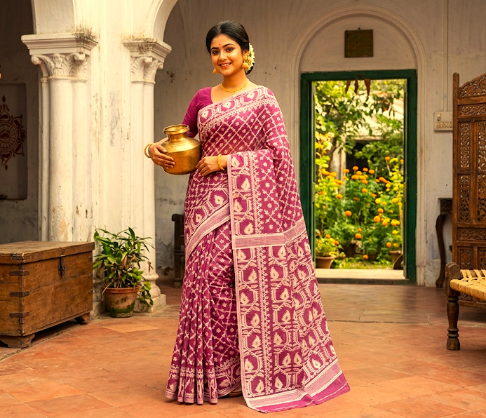 Graceful Indian Traditional Dhakai Jamdani Soft Cotton Handloom Ethnic Saree