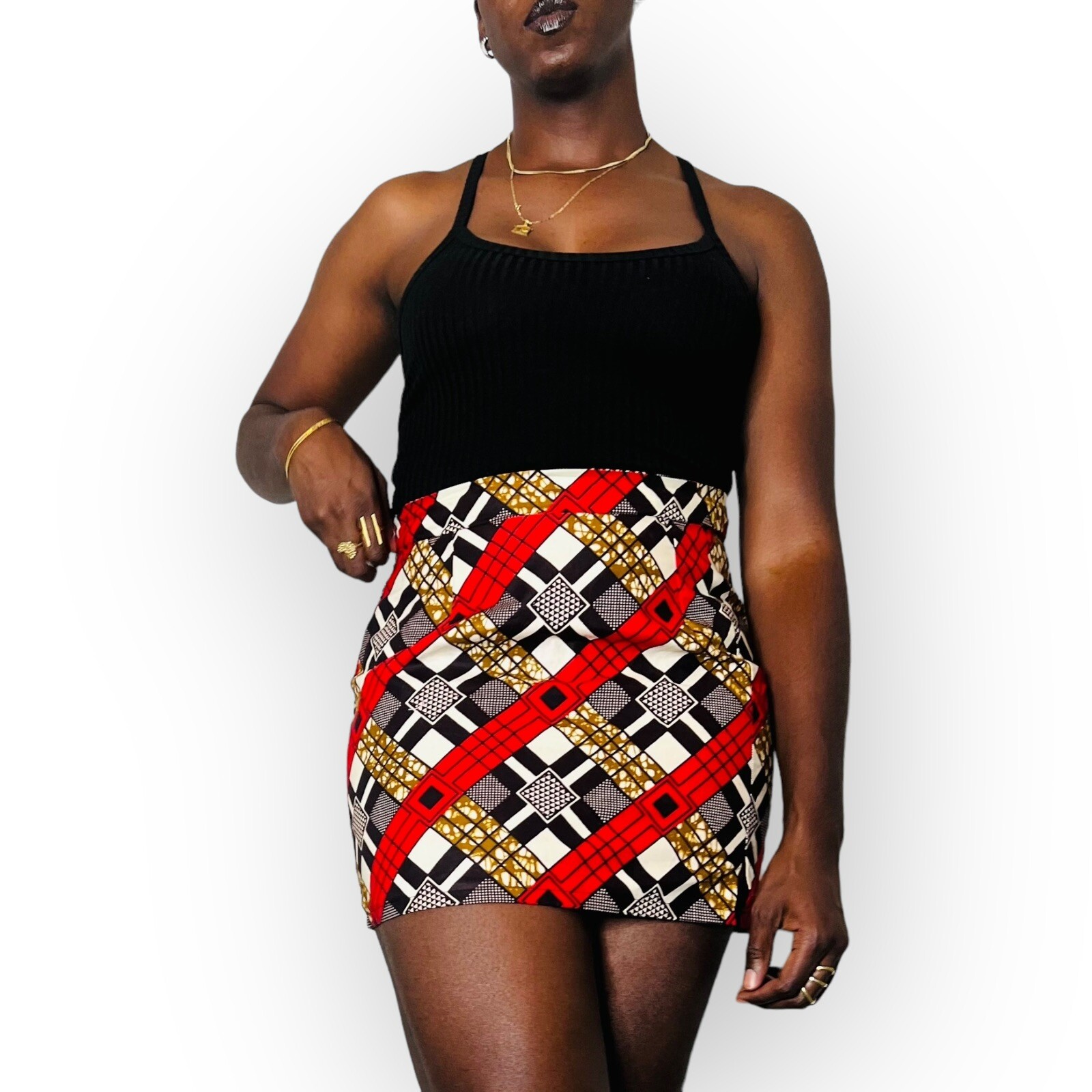 Red and Brown African Print Women Mini Skirt