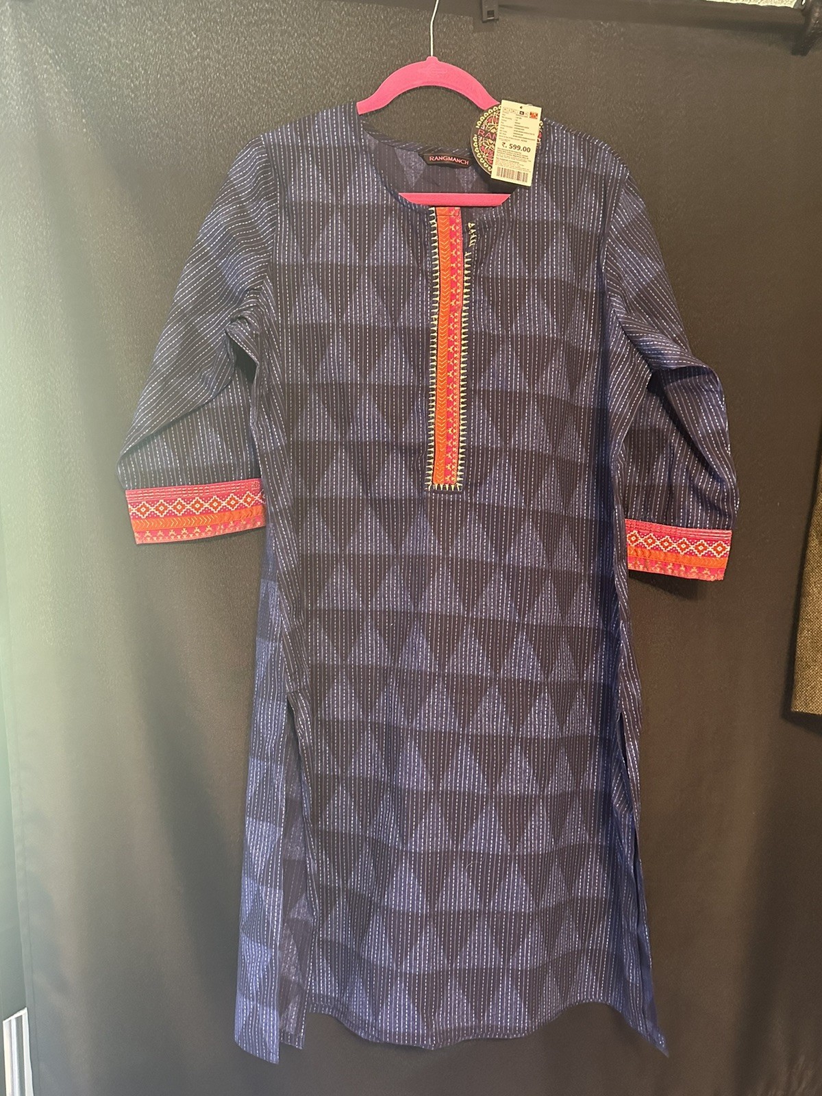 Rangmanch Kurta Tunic Top Dress XL Navy Pink Embellished Split Hem Indian Boho