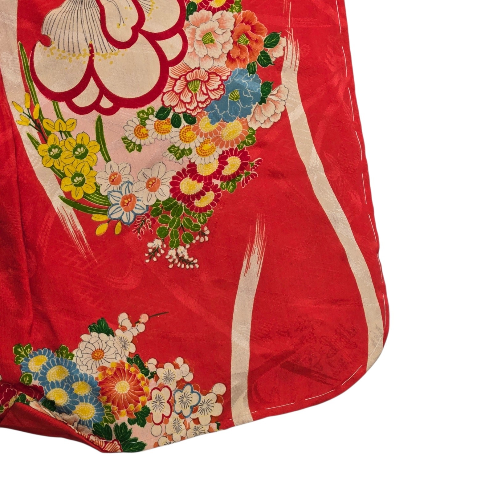 Vintage Kimono Handmade Red Printed Cotton Lined Asian Floral