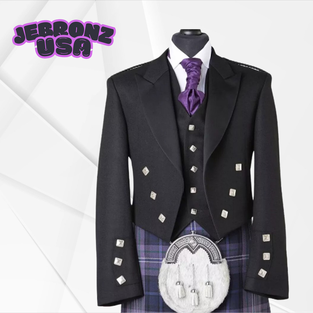 New Mens Black Scottish Charlie Kilt Jacket and Vest Scottish Wedding Costume