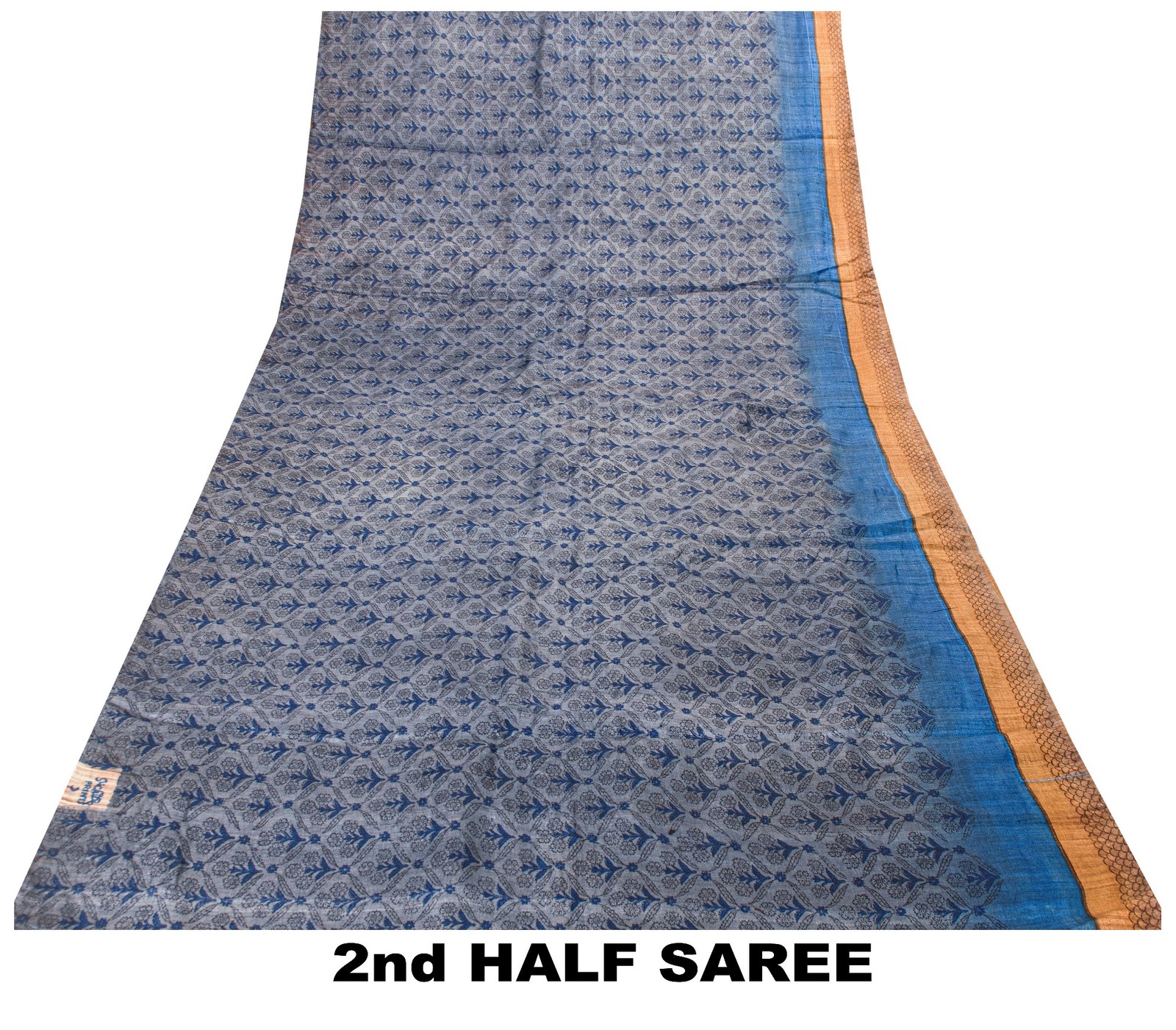 Sanskriti Vintage Sari Grayish Blue Pure Bamboo Silk Saree Hand Block Print 6+Yd