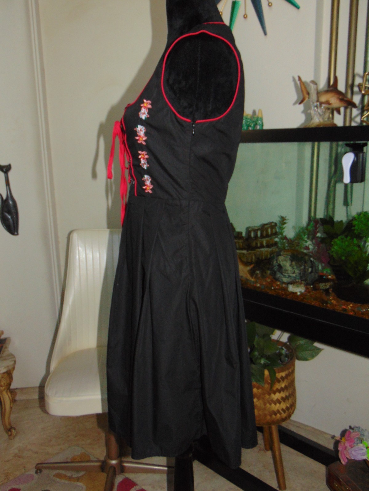 Jasambac Dress Embroidered German Dirndl Black Red Lace-Up Front Whimsioth S