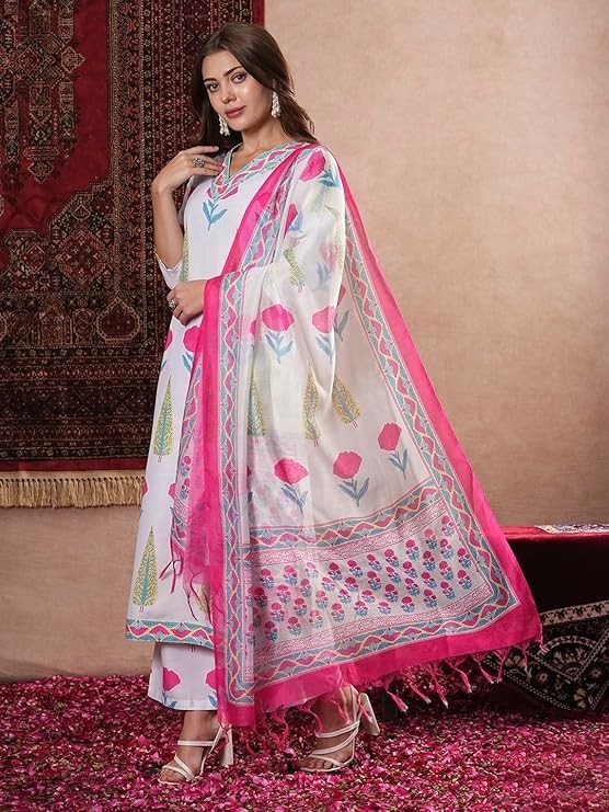 Women’s Rayon Blend Straight Printed Kurta with Pant & Dupatta