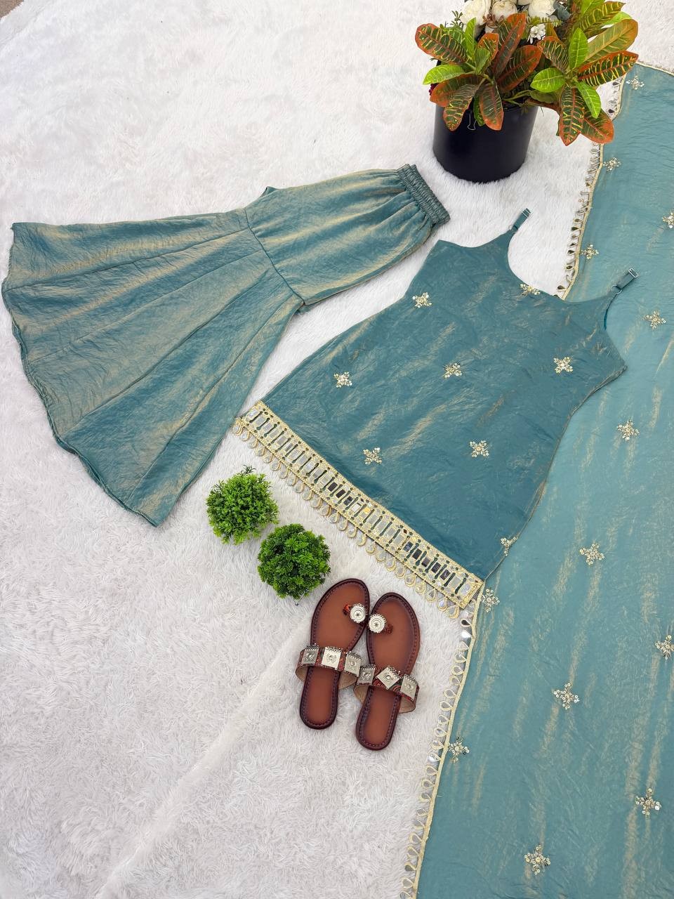 Festivel Wear Embroidery Work with Real Real Mirror Work Kurta Palazzo Set
