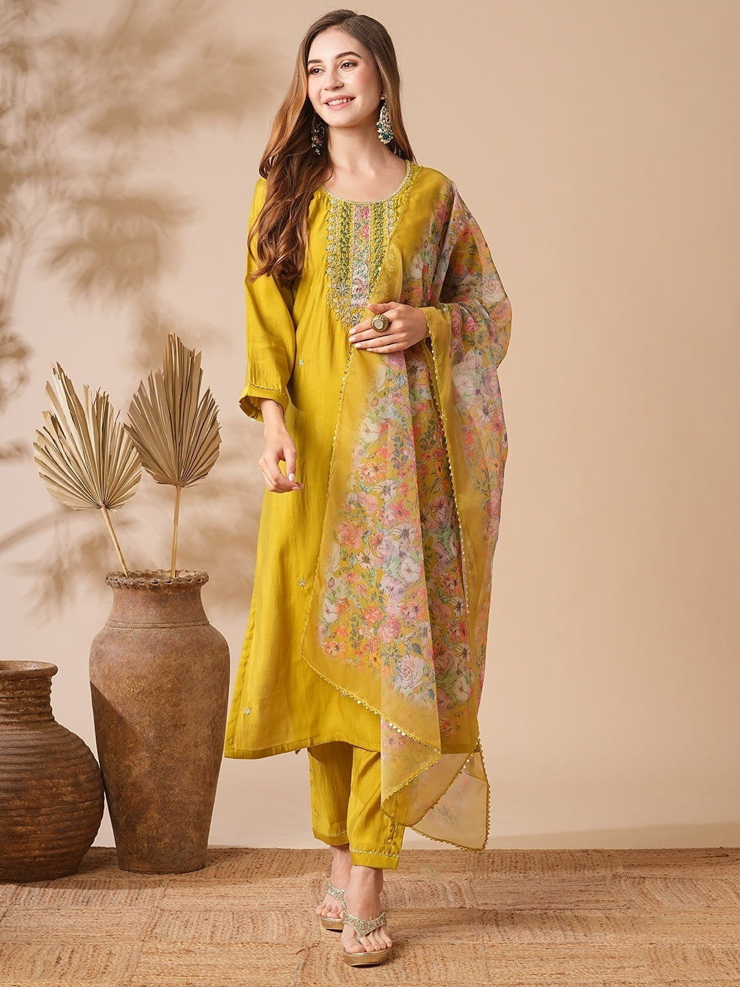 Women’ s Chanderi Cotton Embroidery Kurta with Pant & Dupatta