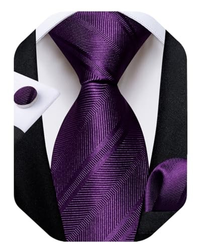 Mens Tie Set Silk Solid Paisley Necktie and Pocket Square Dark Purple
