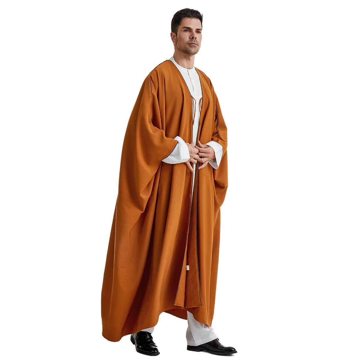 Saudi Arab Men Solid Color Open Kimono Batwing Robe Muslim Abaya Ramadan Prayer