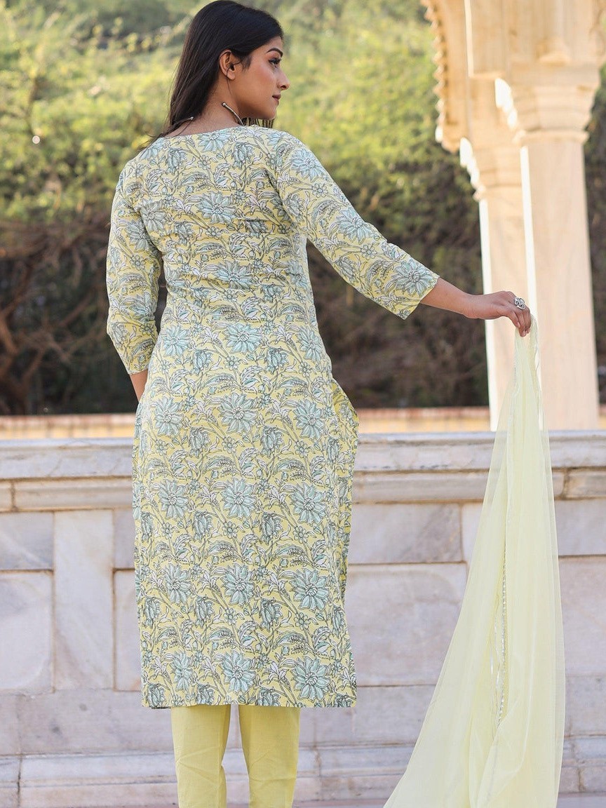 Yellow Cotton Straight Kurta Pant Set with Dupatta Women Plus Size Ethnic