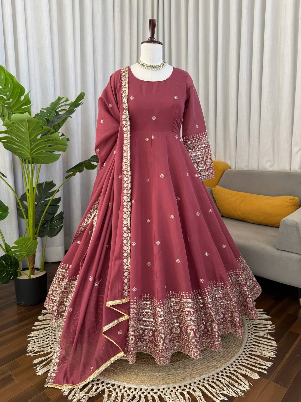 Latest Mul Chanderi Silk Maroon Gown Bottom With Dupatta For Festive Wear