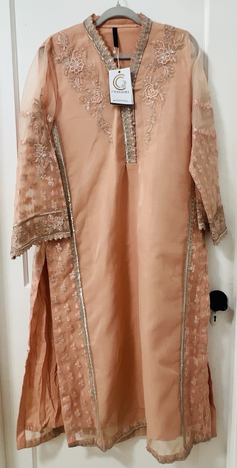 Charizma Peach Embroidered Chiffon Salwar Kameez Green Dupatta for Women