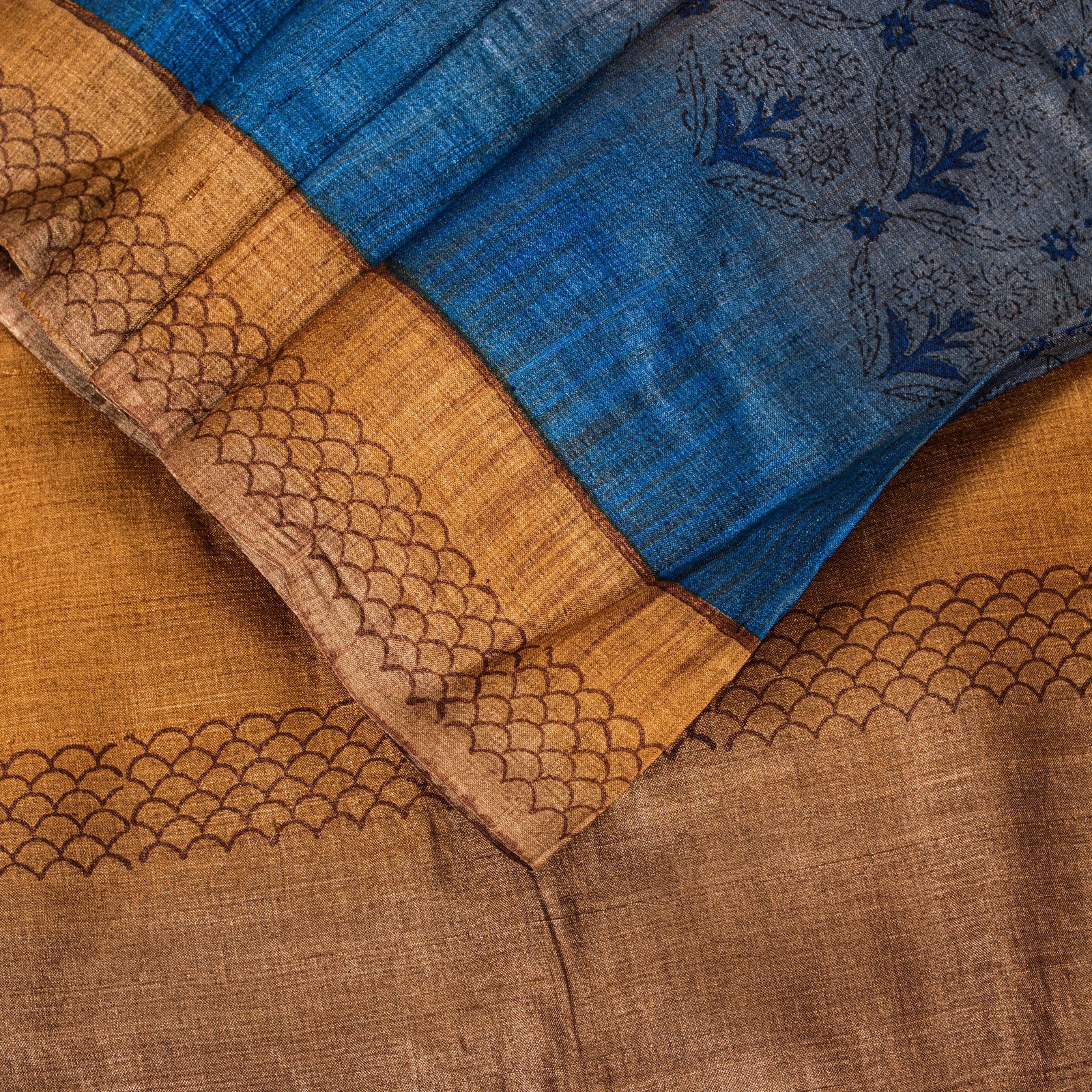 Sanskriti Vintage Sari Grayish Blue Pure Bamboo Silk Saree Hand Block Print 6+Yd