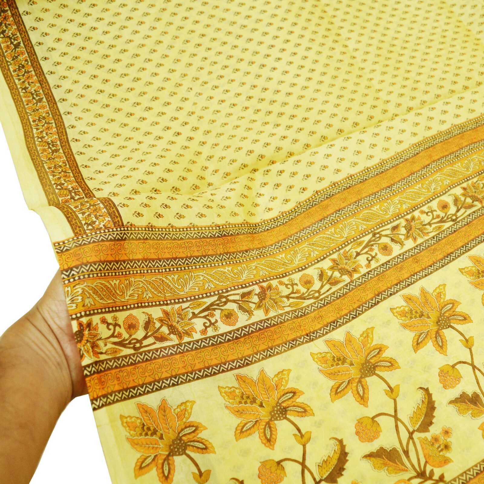 Indian Vintage Sari Beige Pure Silk Printed Sarees 5yd Sewing Craft Fabric Soft