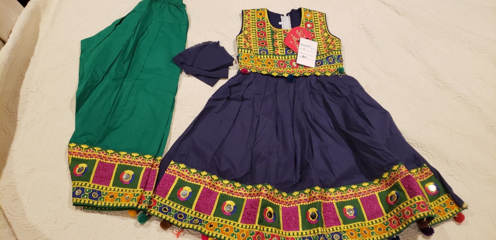Indian/ Pakistani Girl’s Blue and Green Embroidered Cotton Suit With Mirror Work