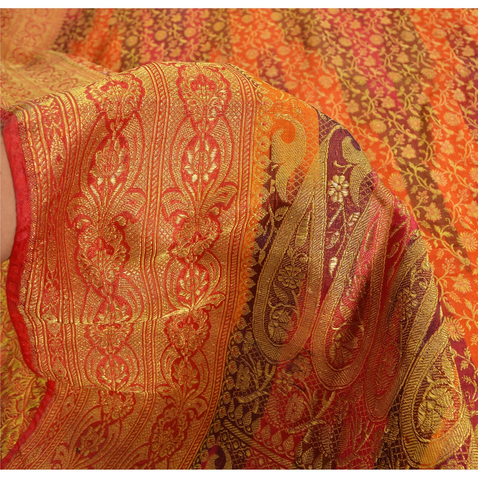Sanskriti Vintage Sarees Blend Silk Brocade/Banarasi Woven Sari Craft Fabric
