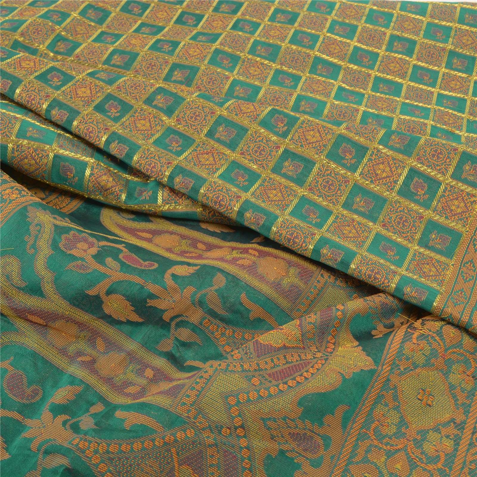 Sanskriti Vintage Rama Green Sarees Artificial Silk Hand- Woven Sari Fabric