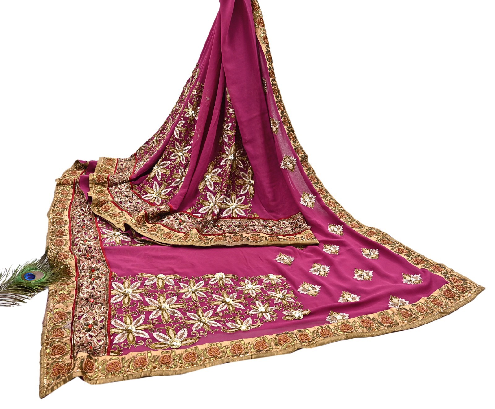 Pre-owned Sari Pink Pure Georgette Silk Hand Embroidered Designer Anamika Khanna