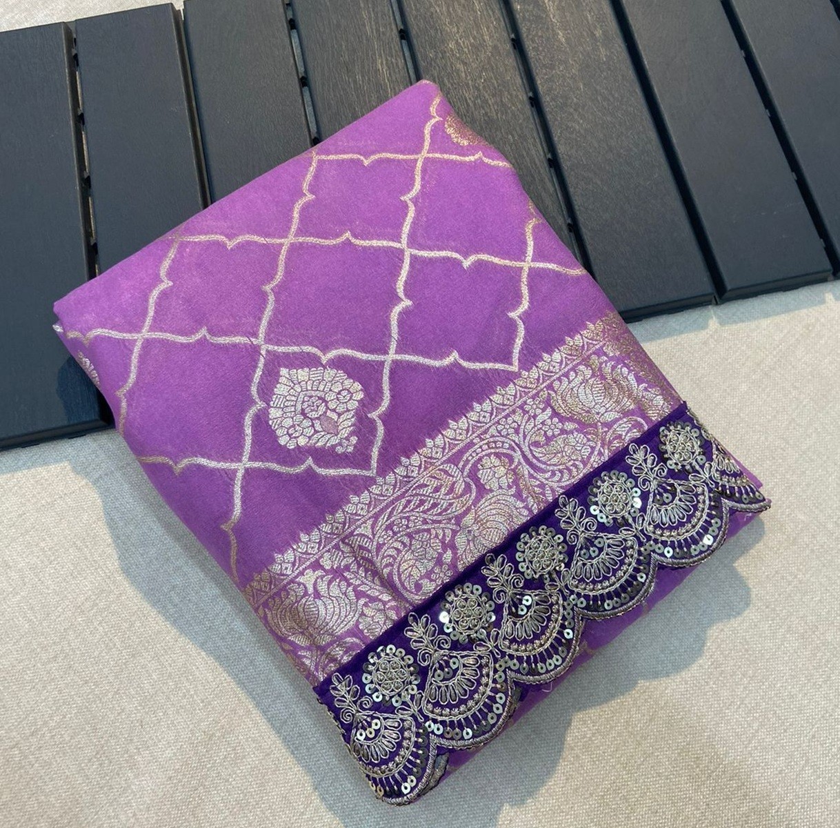 Luxury Khadi Pattu Crepe Silk Saree, All-Over Zari Design, Scalloped Lace Borde