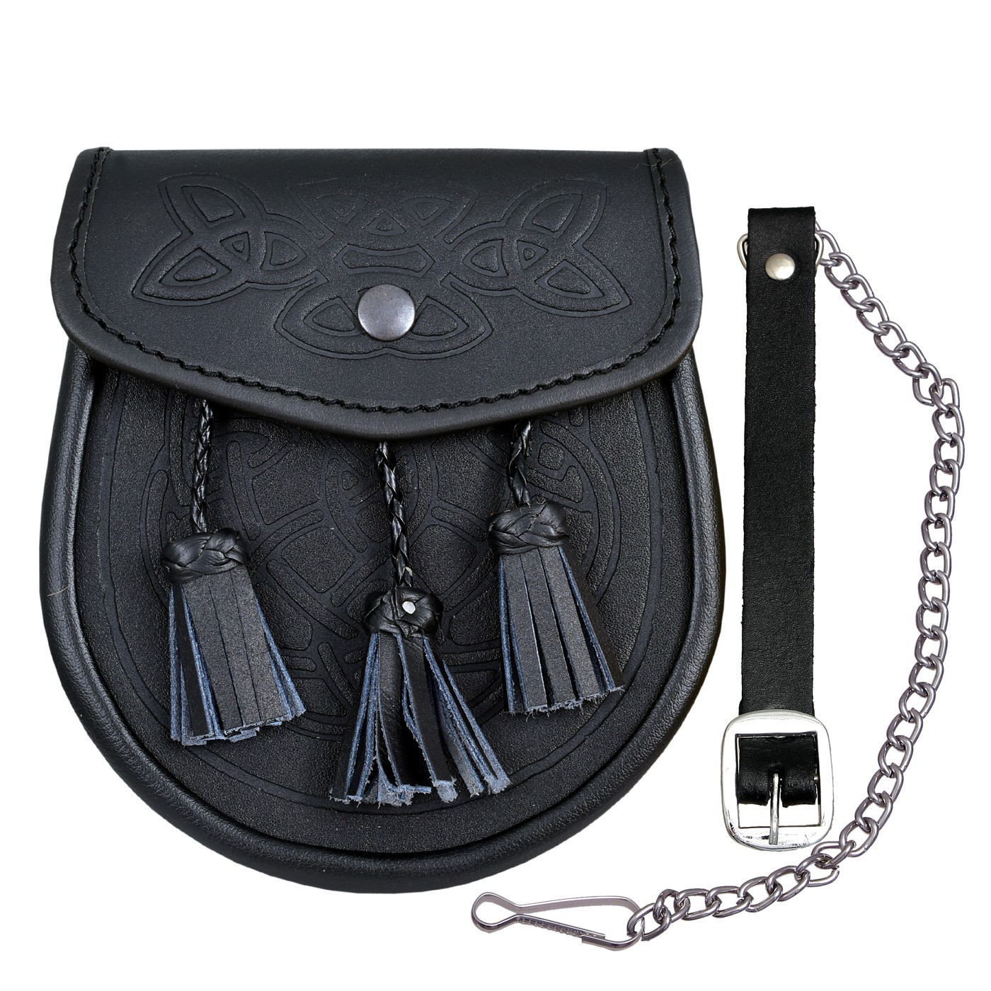 CELTIC EMBOSSED BLACK LEATHER KILT SPORRAN WITH BELT & CHAIN