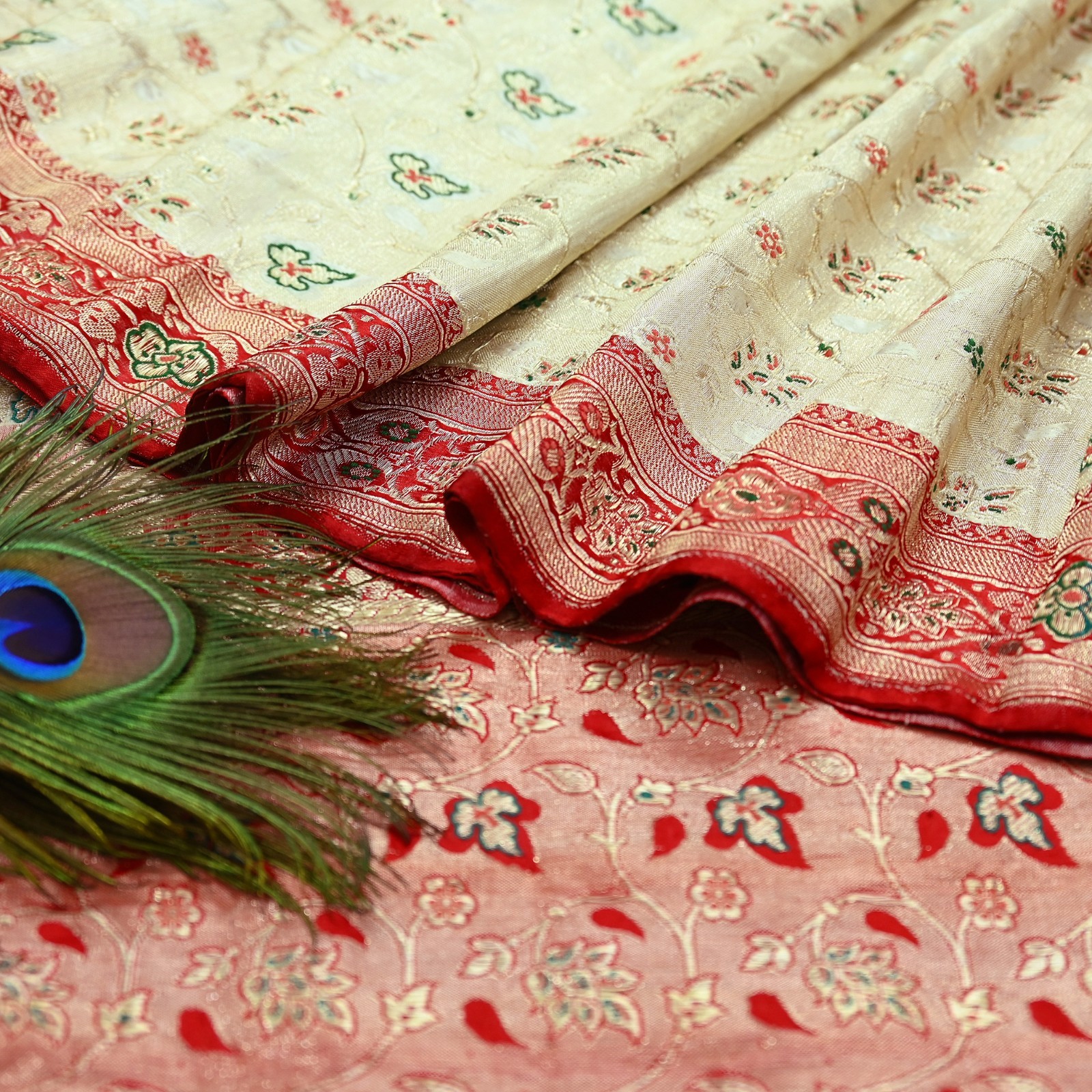 Indian Antique Vintage Heavy Sari Red & White Pure Satin Silk Hand Woven Saree