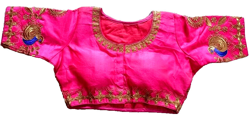 Indian Beautiful Round Neck Pink Color Golden Flower Peacock Embroidery Blouse