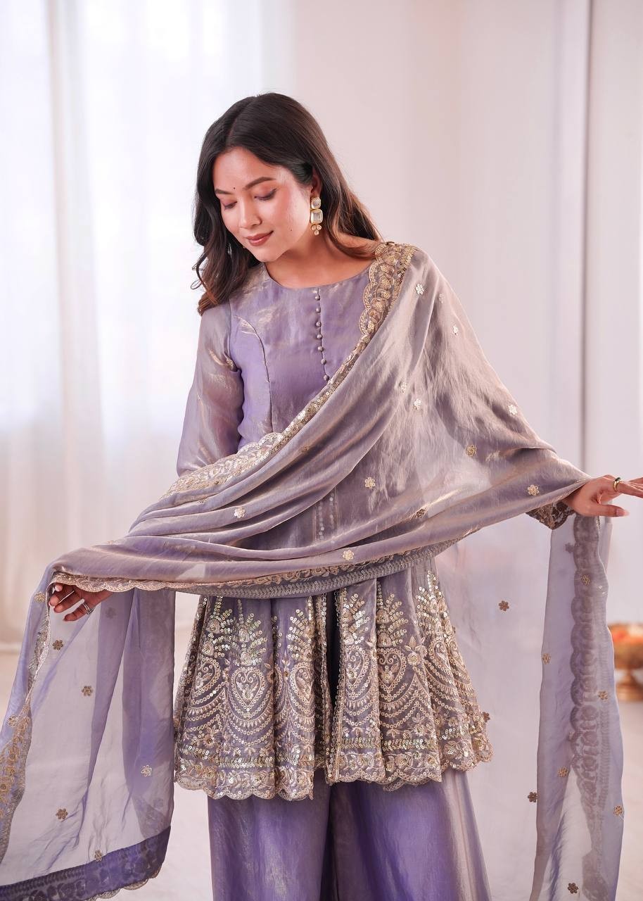 Dusty Lilac Palazzo Suit Set Real Mirror Embroidered Peplum Tunic Trouser Pair