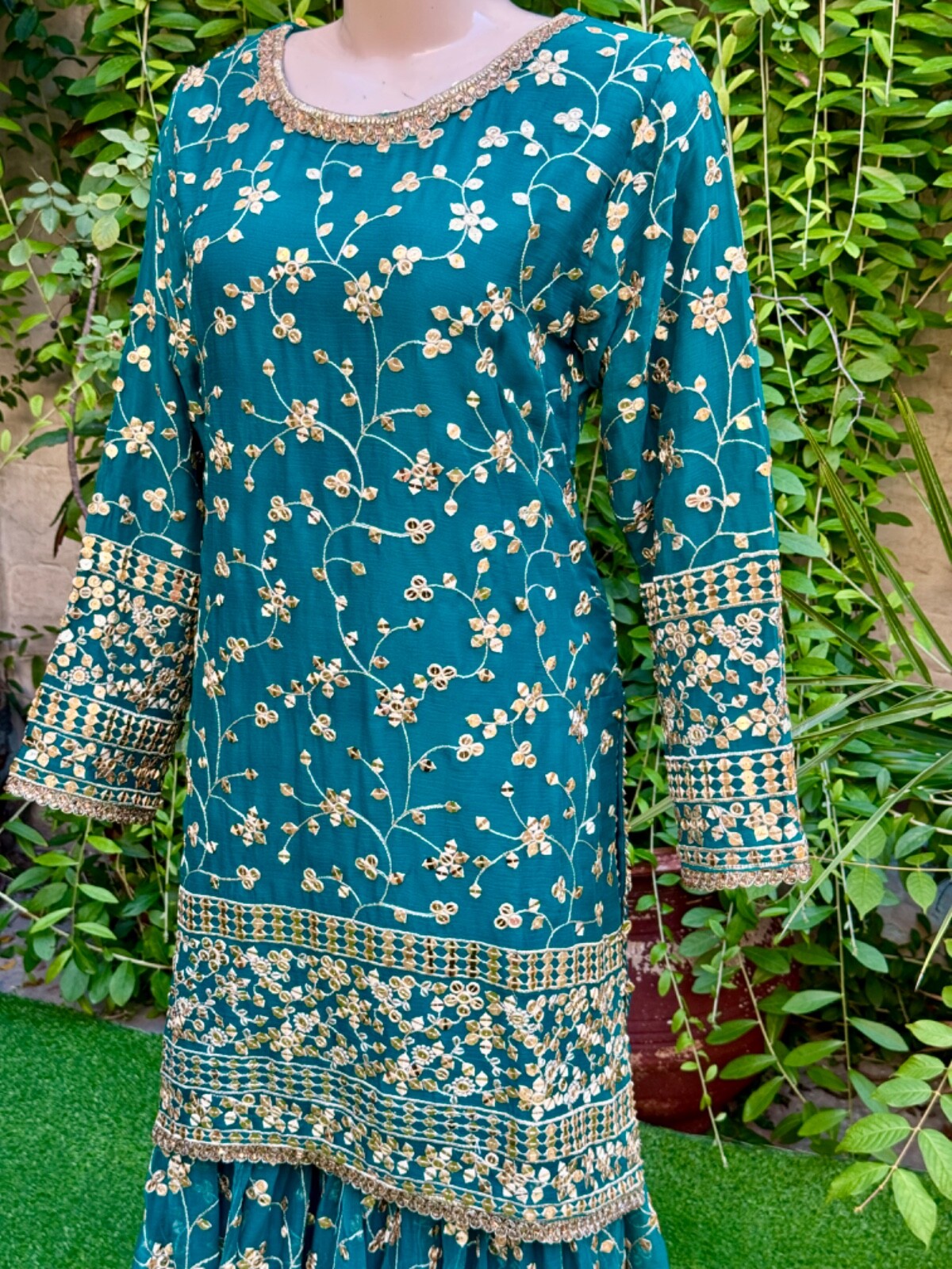 Pakistani Teal Straight Style Embroidered Sequins Chiffon Gharara Dress,L