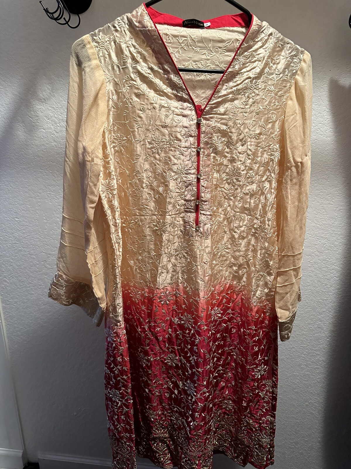 Pakistani designer aghanoor kurti size small Beige Red Embroidered Floral
