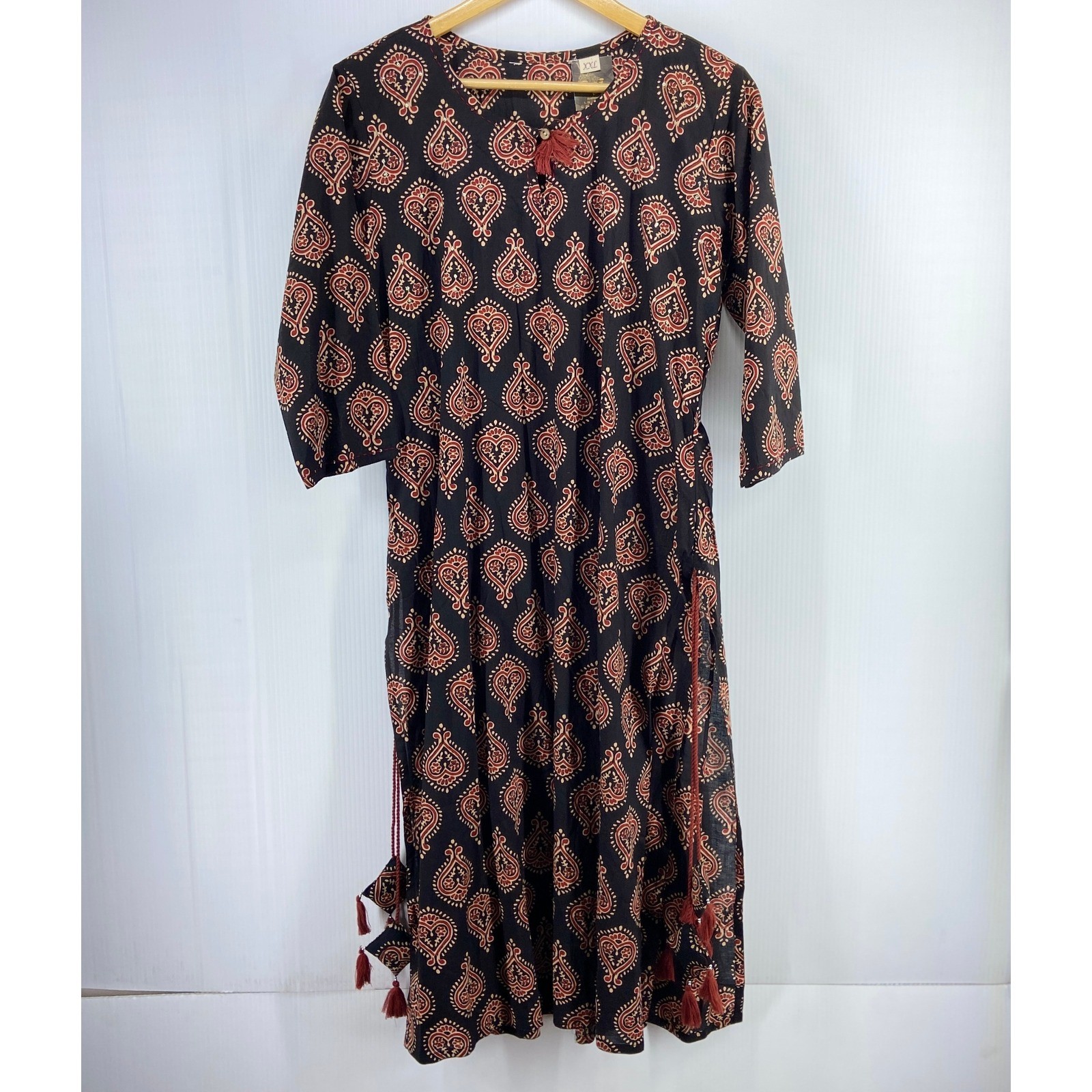 Pri Collection Indian Kurti Kurta Black Red Paisley Heart Tassels Womens XXL NWT