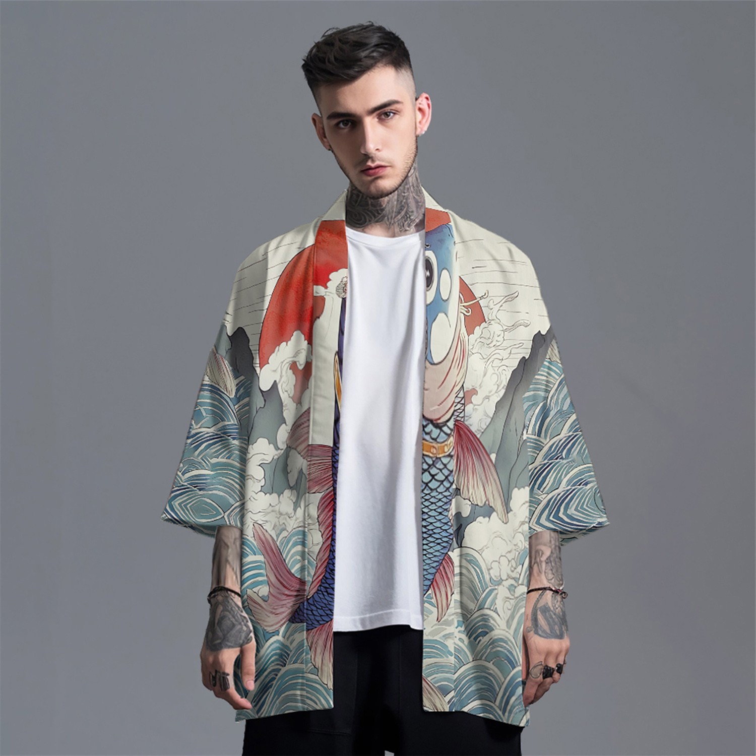 Niepce Men’s Japanese Graphic Lightweight Aqua Nature Kimono Cardigan Shirt Top