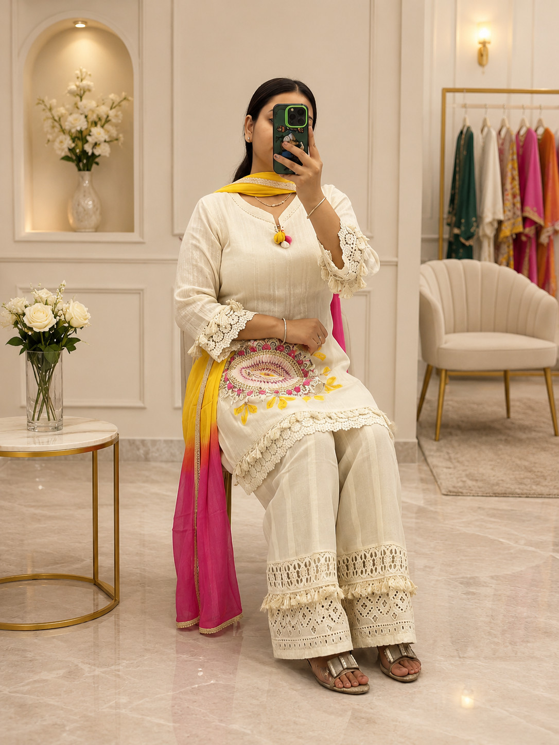 White Cotton Embroidered Kurta Set with Ombre Dupatta, Indian 3 Piece Suit
