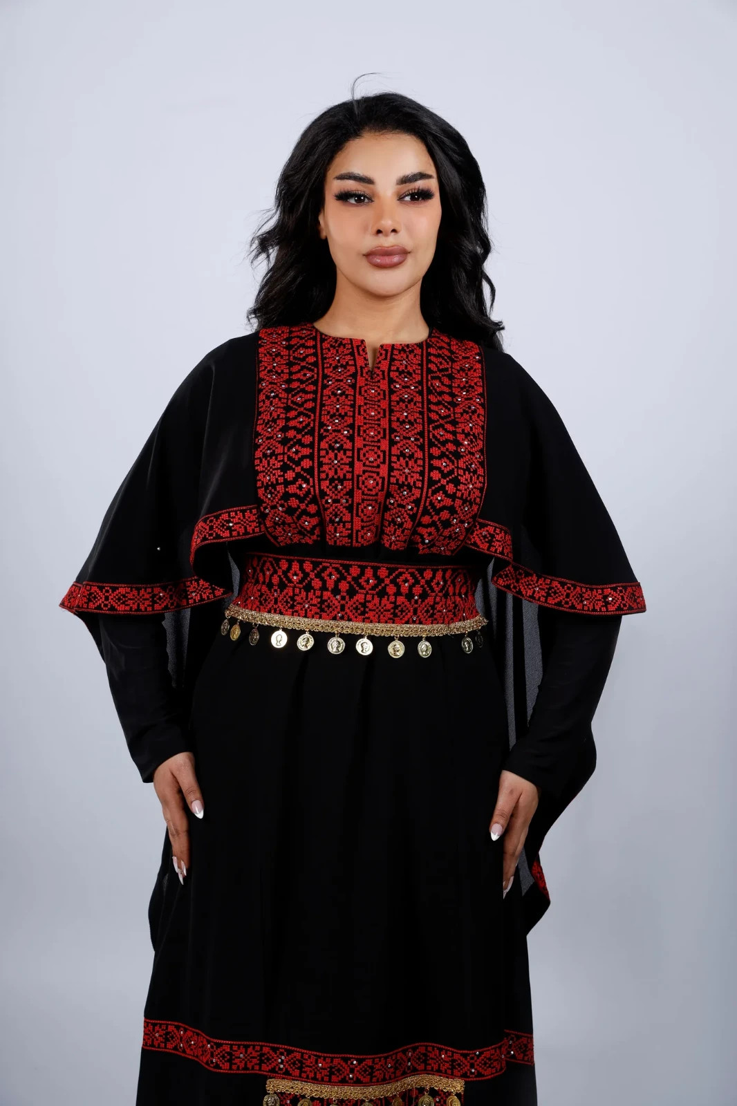 Luxury Black Palestinian Thobe – Hand-Embroidered Fallahi Art Built-in Coin Belt