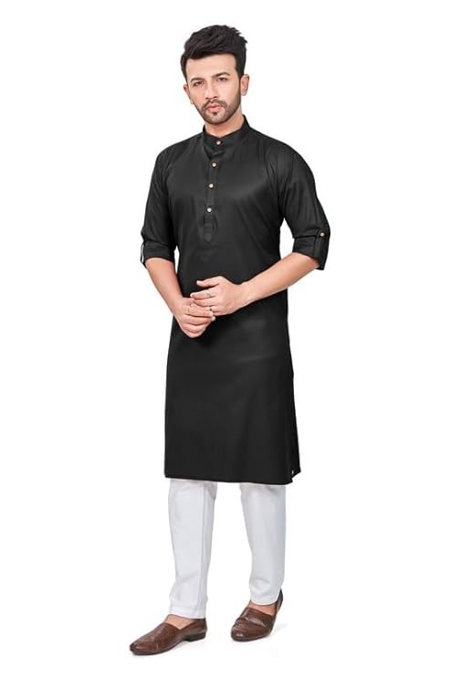 100% Cotton Ethnic Kurta Pyjama, Solid Straight Long Knee Length Full Sleeves